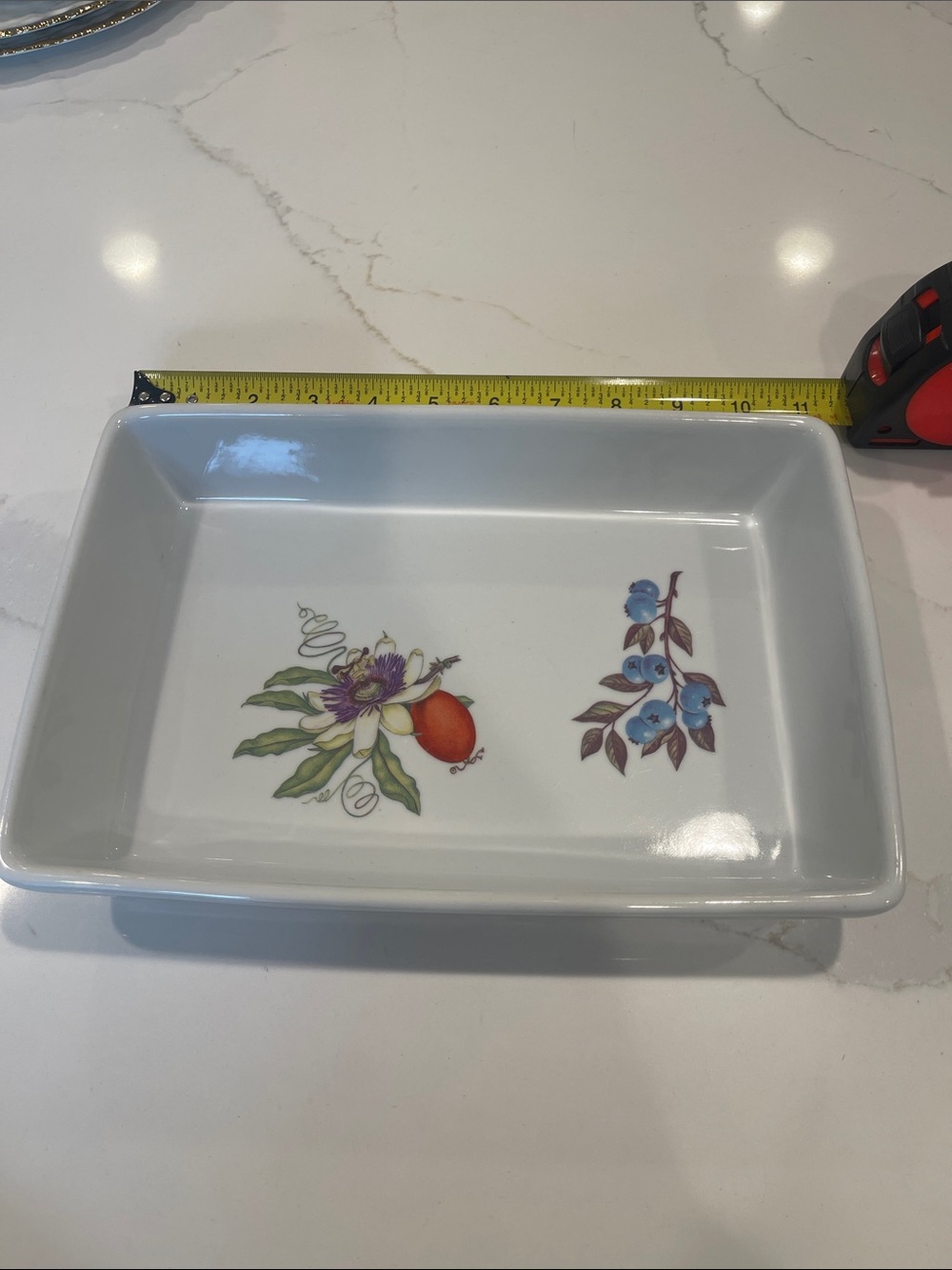 White Ceramic Serving Platter with Colorful Fruit and Floral Motifs